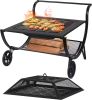 Fire Pit, 27" Metal Wood Burning Firepit Stove with Wheel & Storage Shelf, Outdoor Fire Pit with Lid for Camping, BBQ, Garden, Backyard